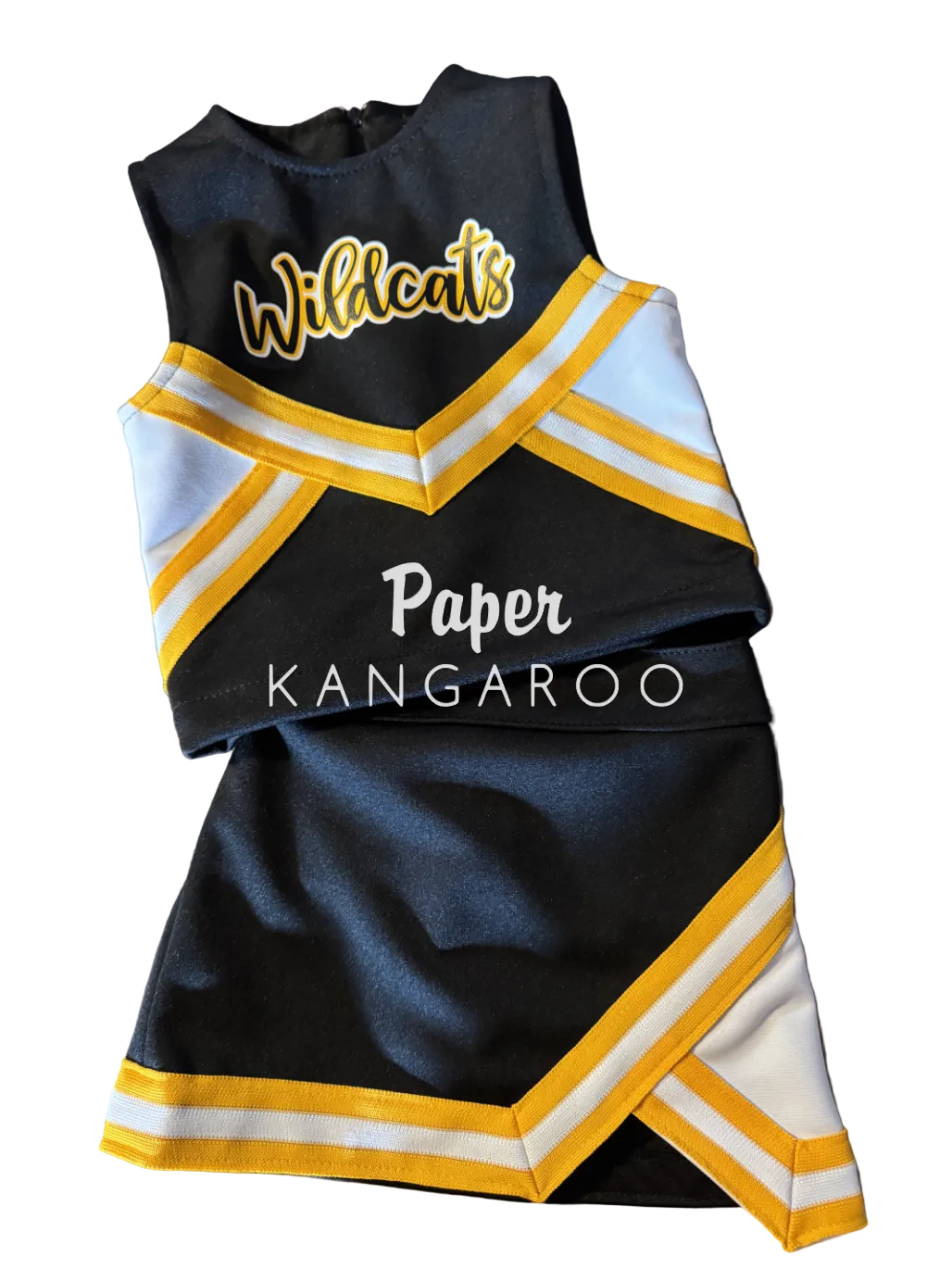 A custom children's cheerleader outfit consisting of a black top and matching skirt with yellow and white chevron stripes. The top features the word 'Wildcats' in yellow script with a white outline, and the center is printed with 'Paper KANGAROO' in white text.