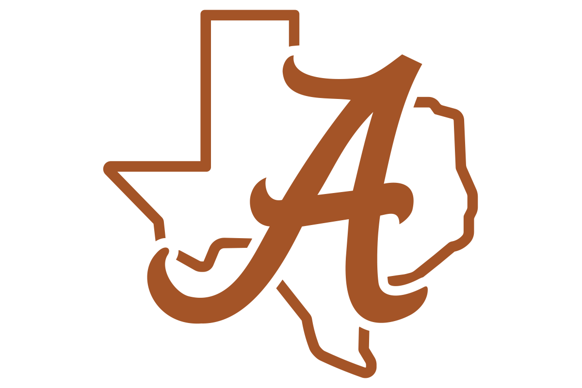 A stylized texas orange outline of Texas with a large decorative letter A over it, centered on a plain white background.