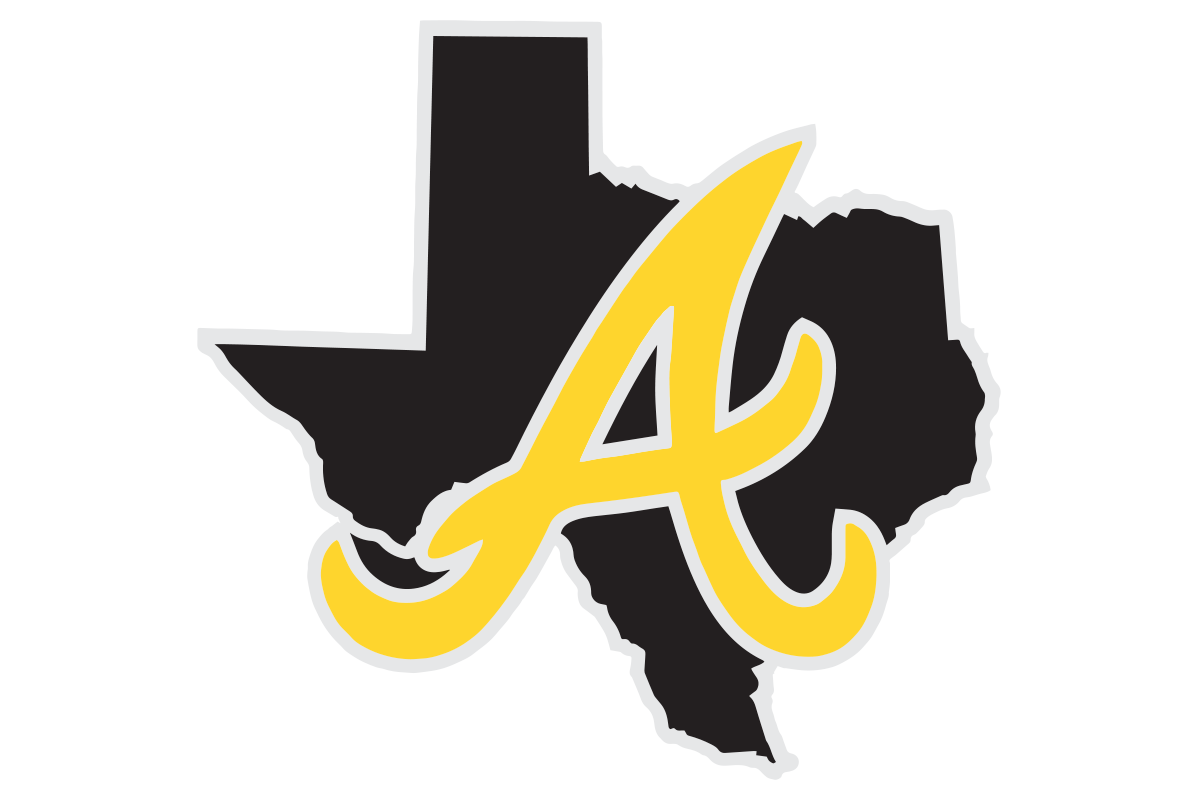 A Texas-shaped black graphic with a large yellow script letter A over it, outlined in white, on a plain white background.