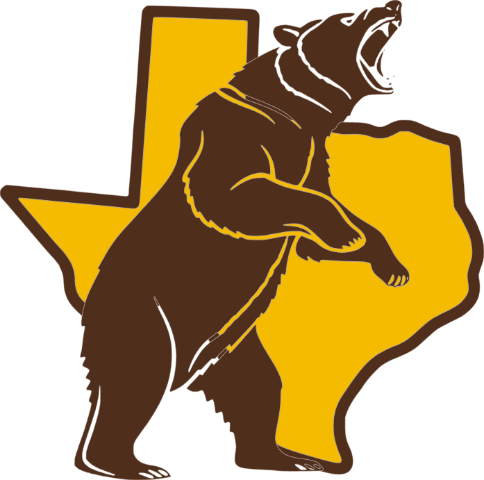 A stylized brown bear roaring over a yellow Texas-shaped silhouette on a white background.