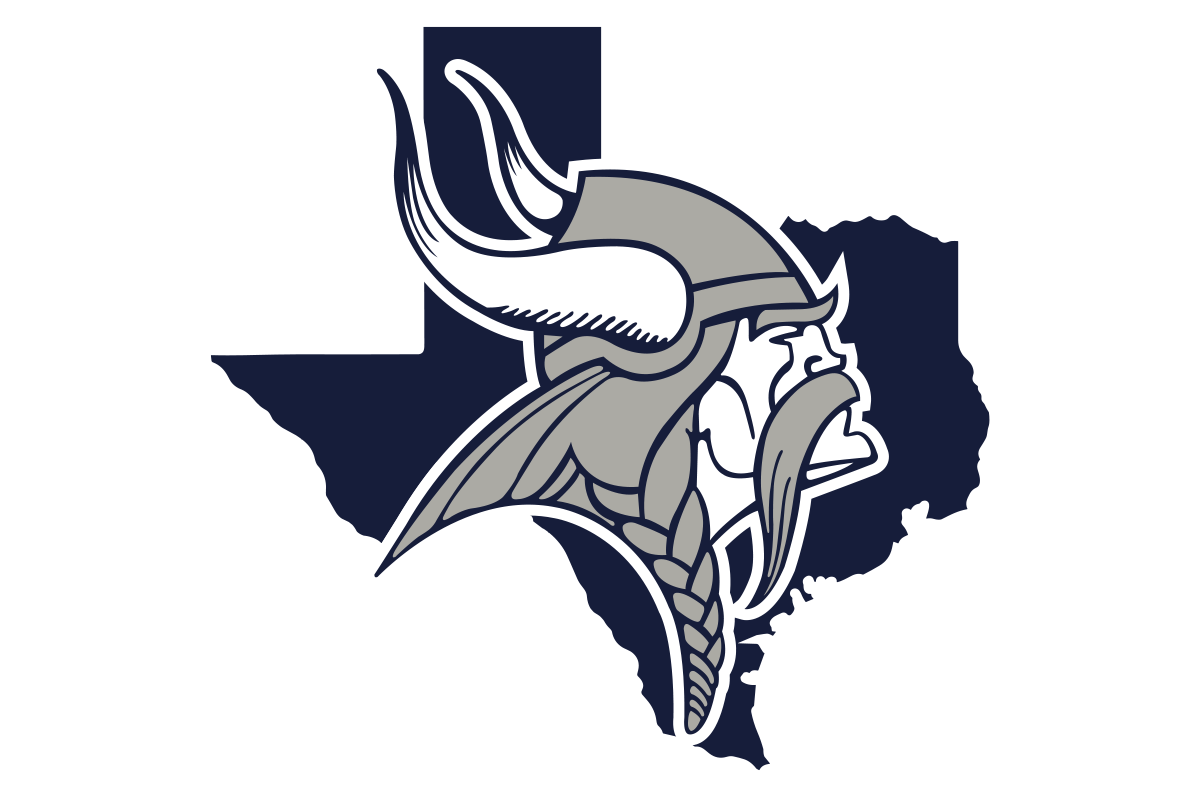 A stylized graphic logo featuring a Viking helmet and beard profile over a dark navy silhouette of Texas, on a white background.