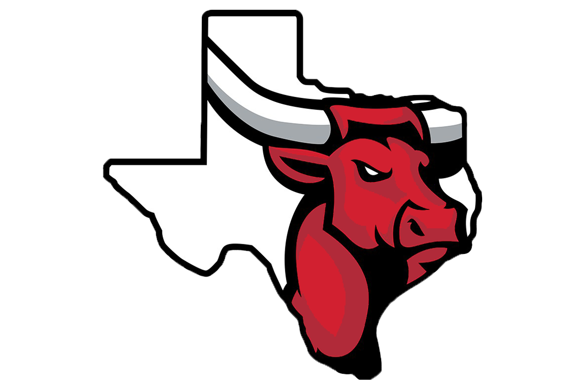A stylized red bull head logo inside a white outline shape of Texas, with black and gray shading, on a plain white background.