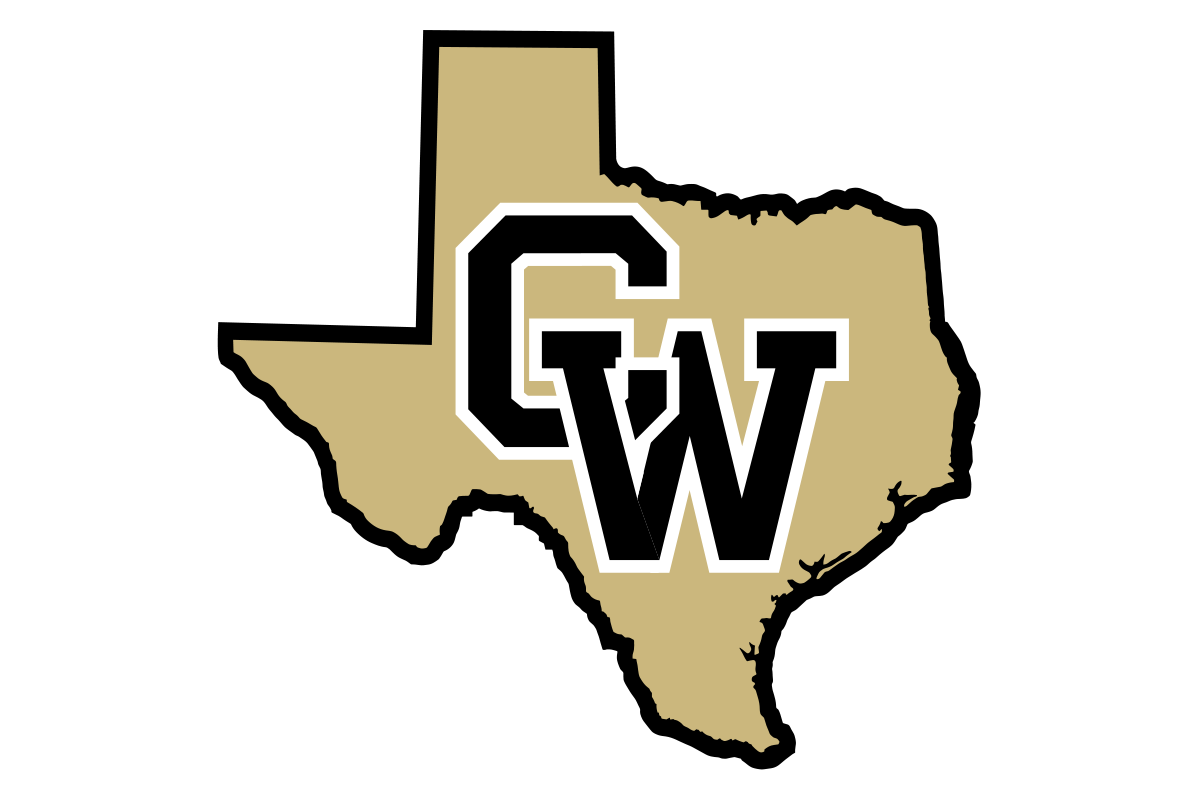 A die-cut sticker or decal shaped like the state of Texas, filled with a tan/beige vegas gold color and outlined in black. Inside the state shape are large black letters 'G' and 'W' with a white outline, set against a plain white background.
