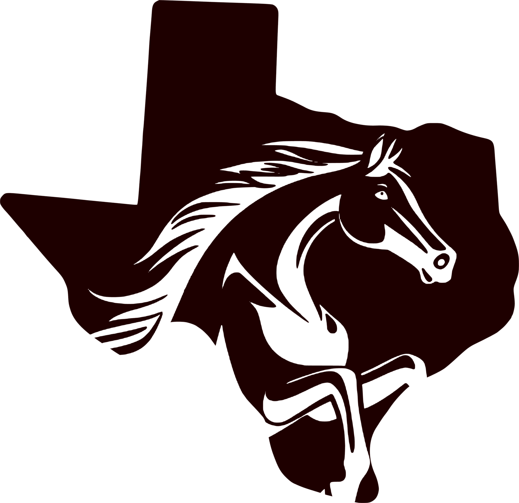 A stylized graphic of a rearing horse inside the outline of Texas, shown in dark maroon and white on a plain white background.