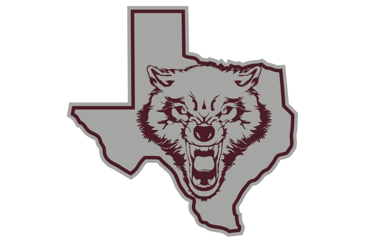A die-cut sticker or decal featuring the state outline of Texas filled with a gray background and a dark burgundy snarling wolf head graphic, shown on a plain white background.