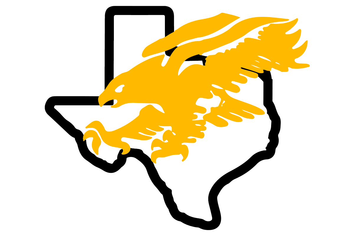 A graphic design of a golden eagle head layered over the black outline silhouette of the state of Texas, set against a plain white background.