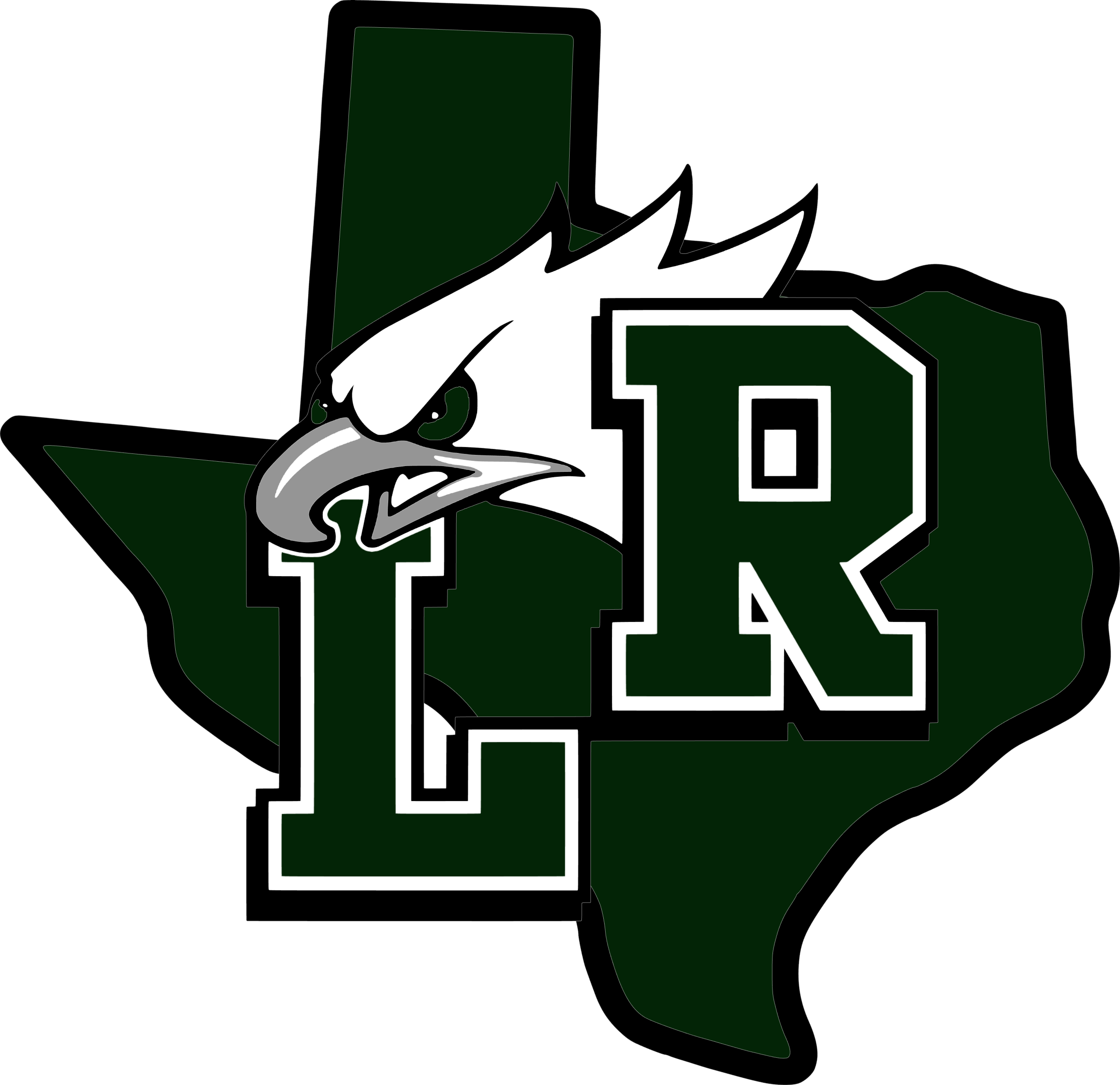 A dark green and white graphic featuring the outline of Texas with a large letter L, a stylized eagle head, and a large letter R, shown on a plain white background.