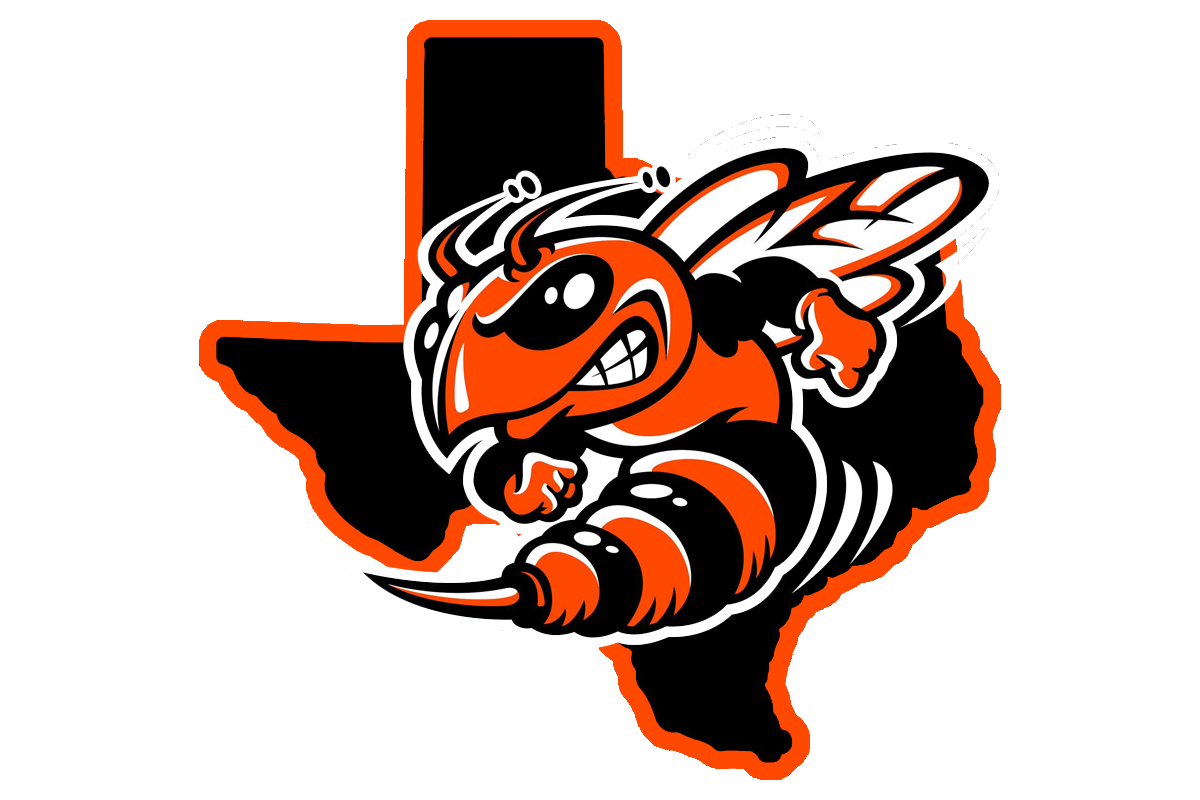 A stylized bee mascot inside the outline of Texas, rendered in orange, black, and white on a plain white background.