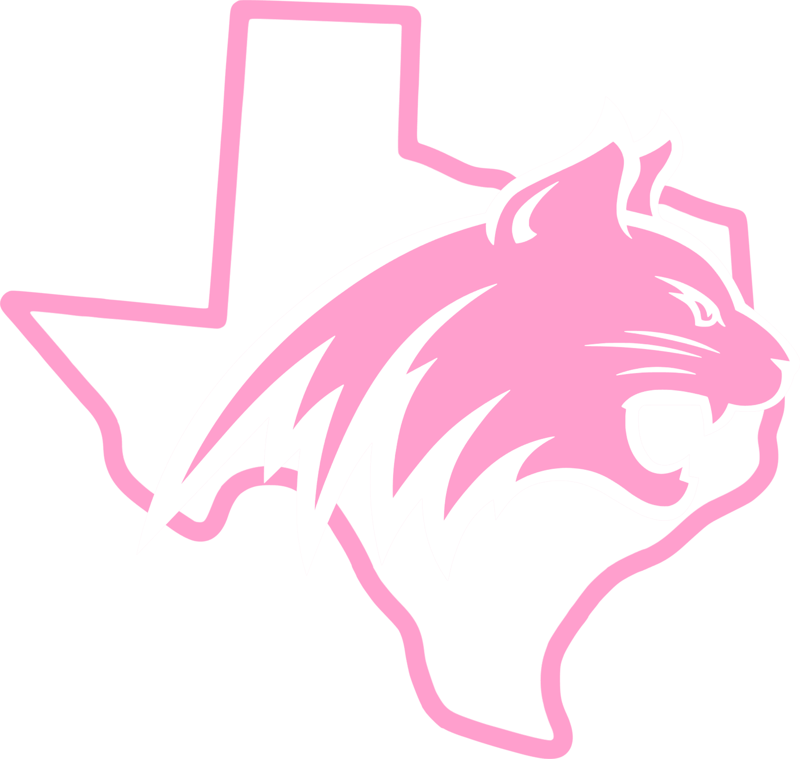 A pink outline graphic of a wildcat head inside the shape of Texas, shown on a solid background.