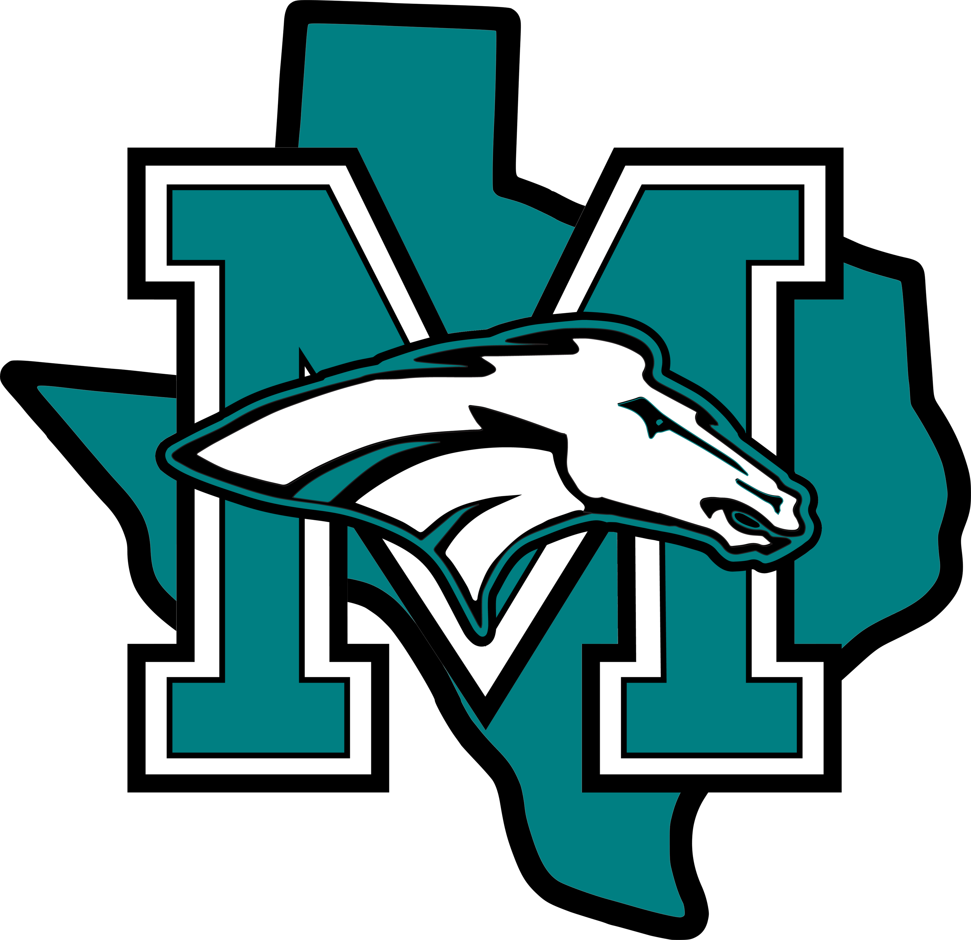 A teal and white stylized letter M with a horse head logo over a Texas-shaped outline, shown on a plain white background.