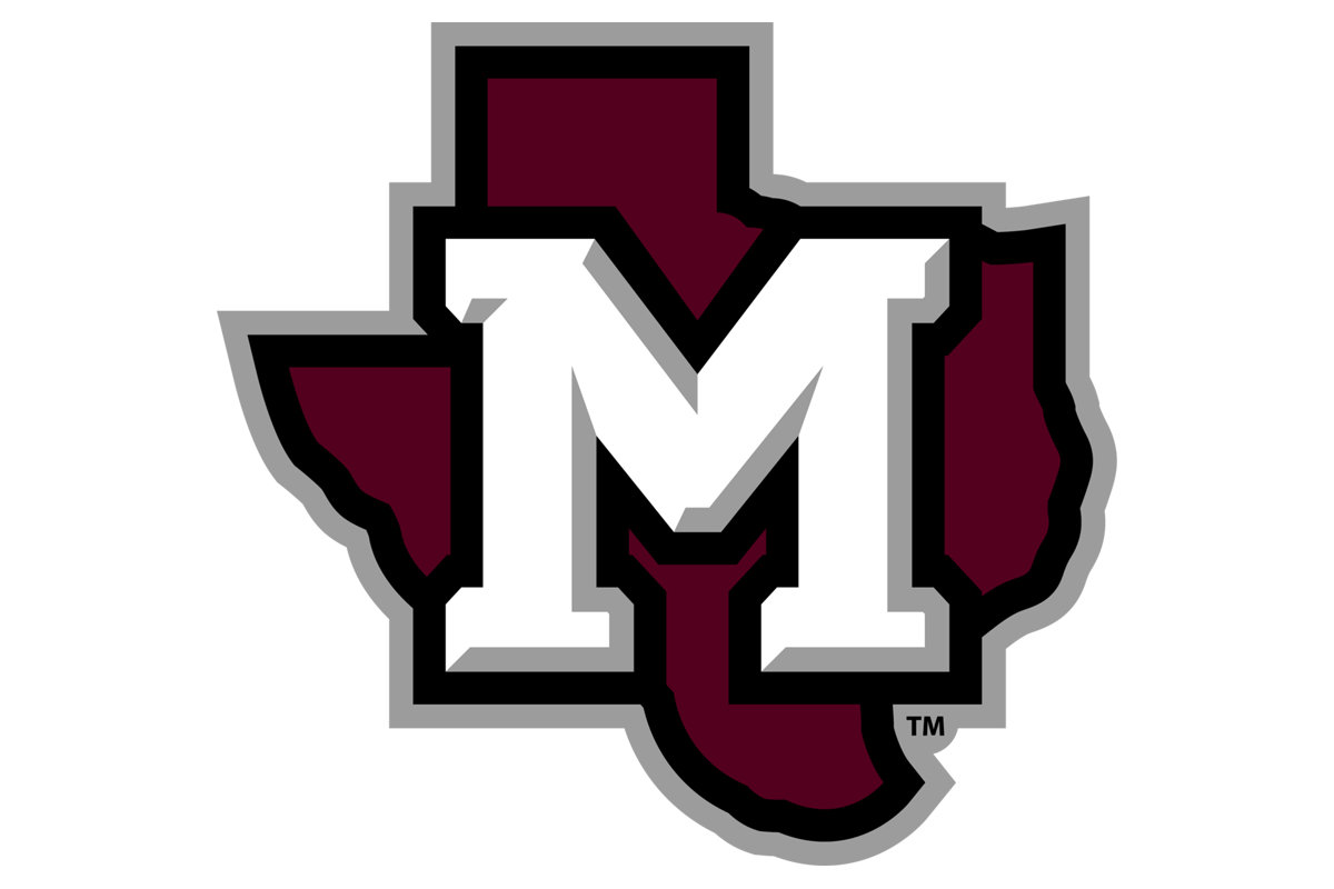 A stylized maroon and white letter M logo with black outlining and a gray drop shadow on a white background.