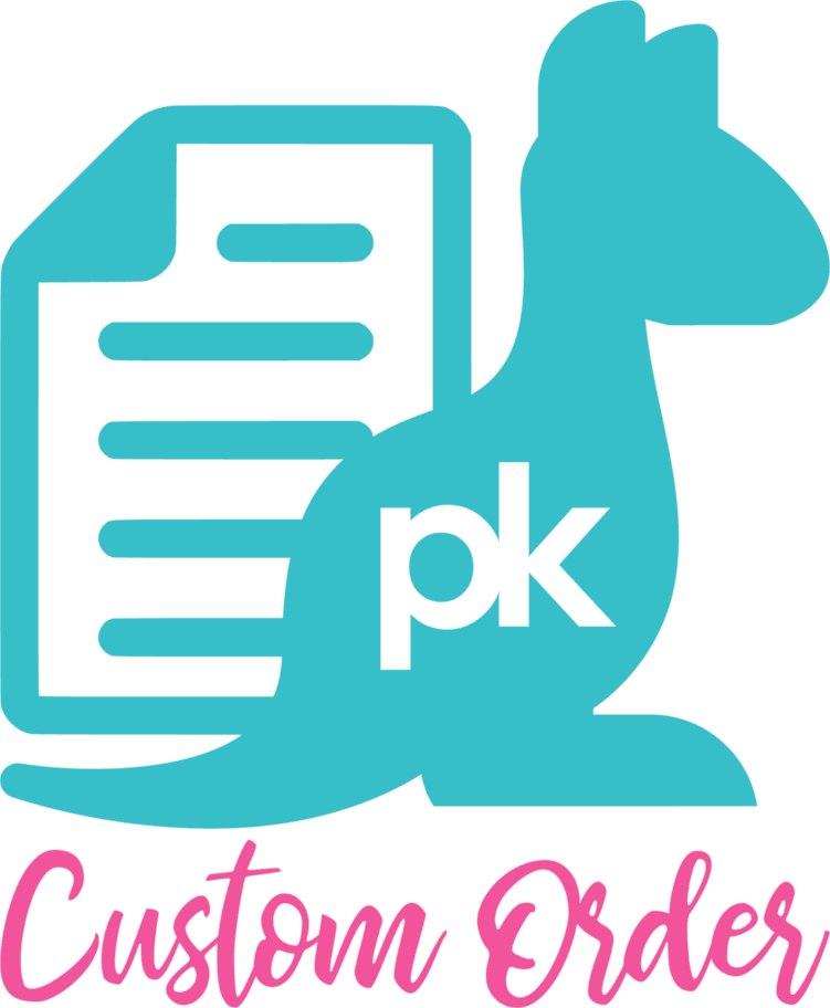 A teal graphic combining a document icon and a kangaroo silhouette with the letters 'pk' in white, above the pink script text 'Custom Order' on a white background.