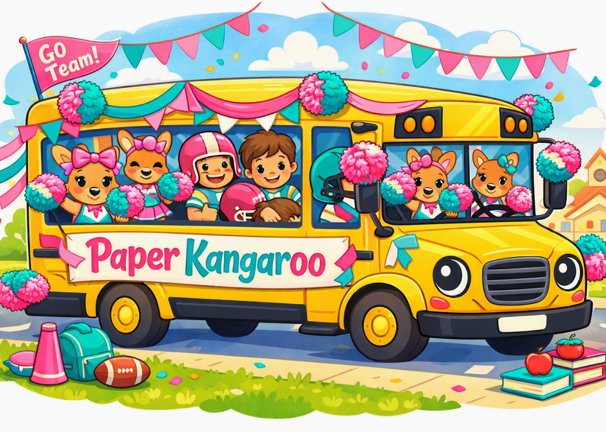 A colorful cartoon illustration of a yellow school bus decorated with pink and teal pom-poms, bunting, and a banner reading 'Paper Kangaroo.' Inside the bus, smiling children and kangaroo characters sit among party decorations.