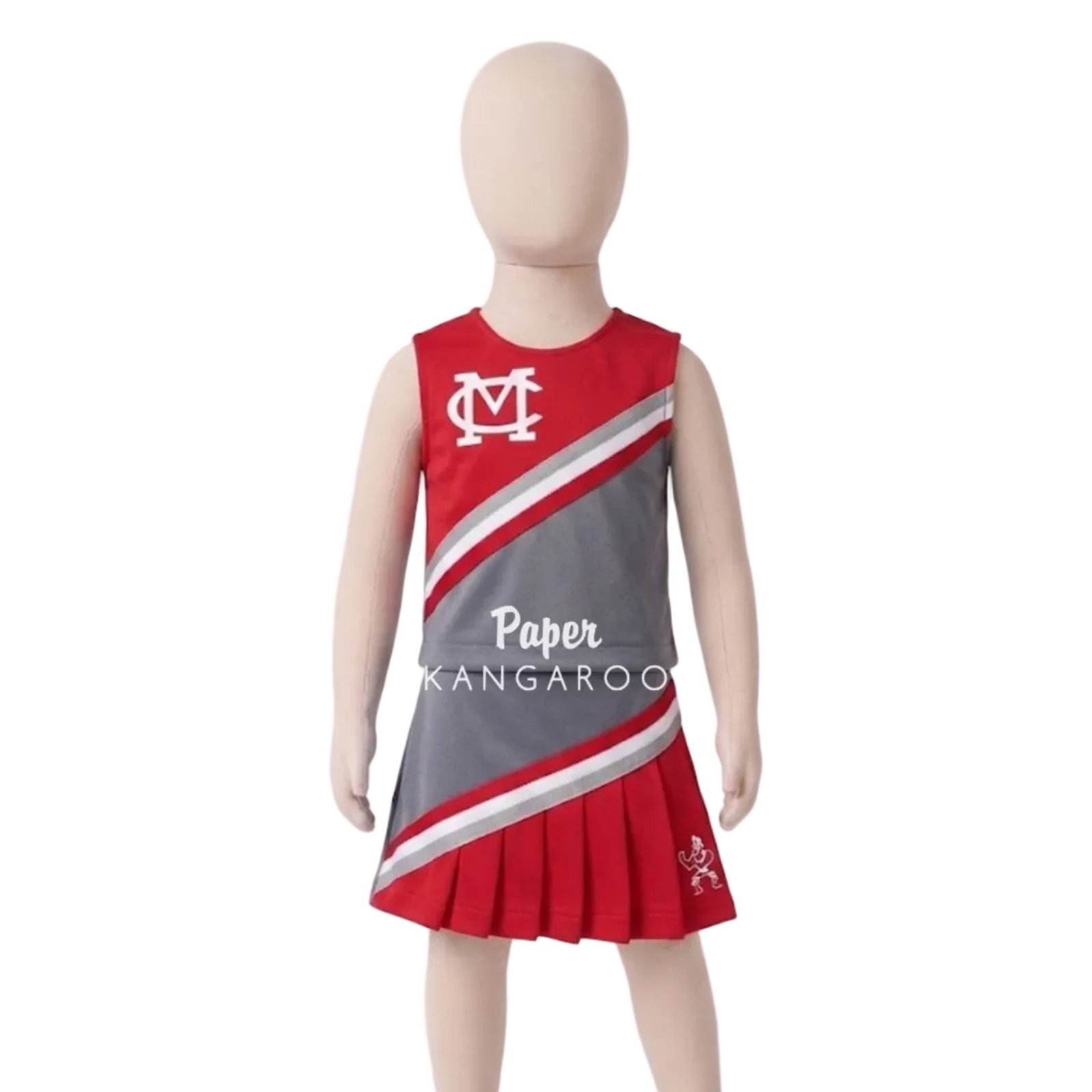 A child's pleated cheer uniform displayed on a headless mannequin against a light gray studio background. The dress is red and gray with diagonal stripes and white text reading 'Paper KANGAROO' and a white 'MC' logo on the chest.