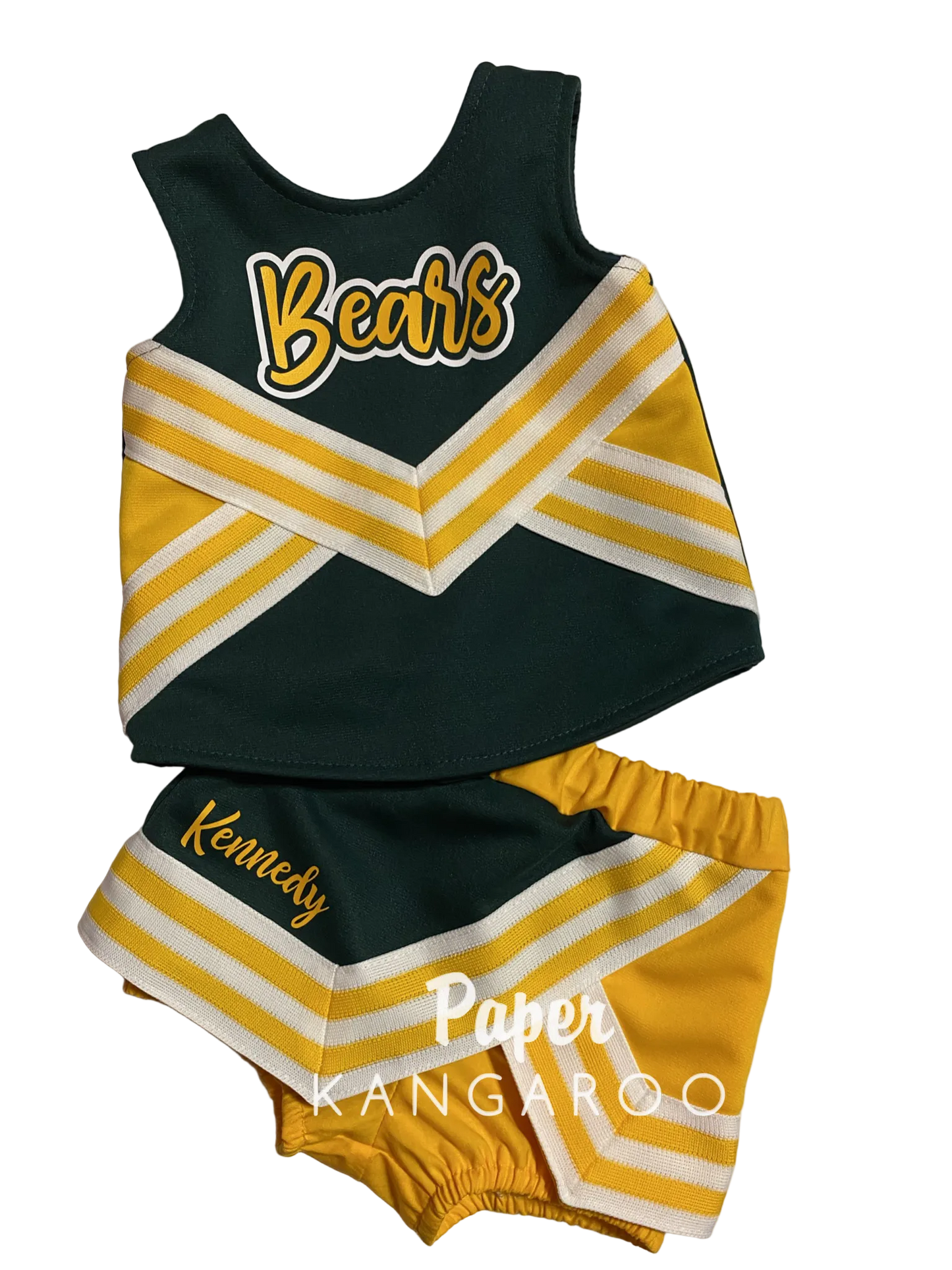 A two-piece cheerleader outfit set consisting of a sleeveless top and matching shorts. The top is dark green with yellow and white chevron stripes and 'Bears' written across the chest in yellow script.