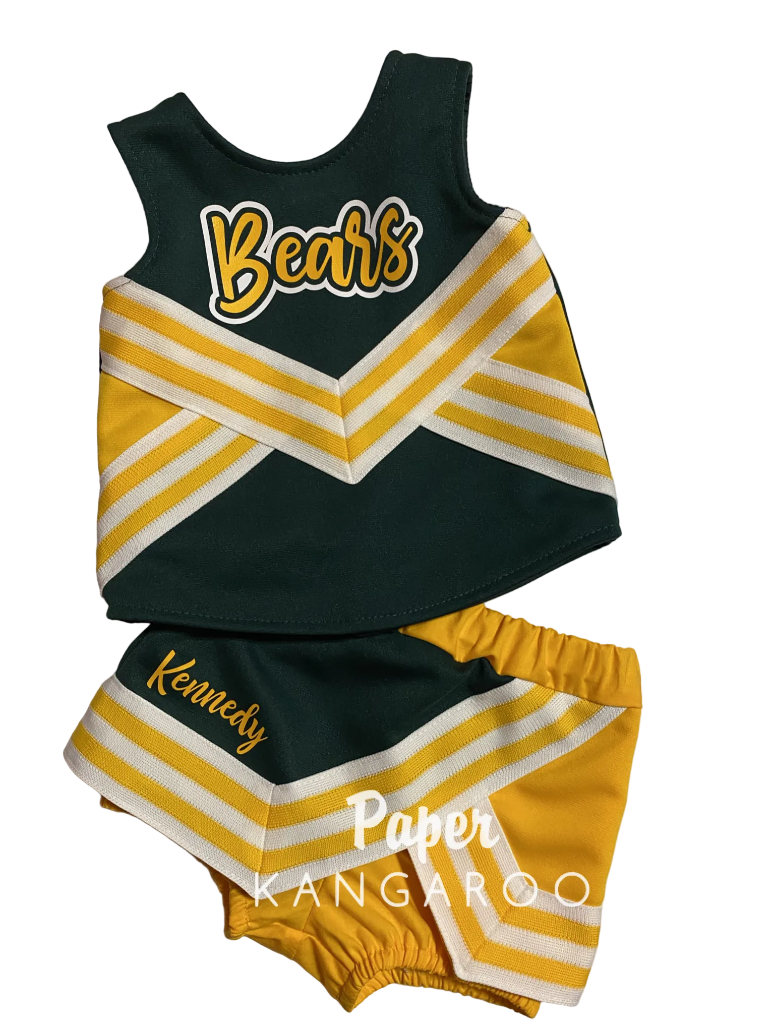 A two-piece cheerleader outfit set consisting of a sleeveless top and matching shorts. The top is dark green with yellow and white chevron stripes and 'Bears' written across the chest in yellow script.