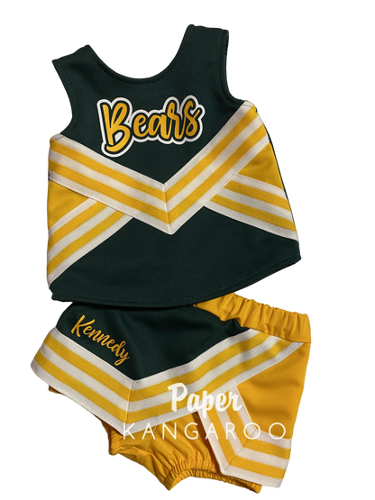 A two-piece cheerleader outfit set consisting of a sleeveless top and matching shorts. The top is dark green with yellow and white chevron stripes and 'Bears' written across the chest in yellow script.