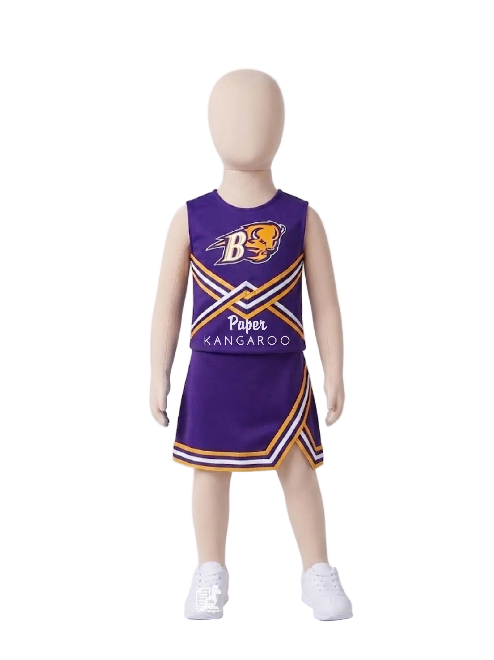 A children's purple cheer unifor with white and gold trim, shown on a headless mannequin against a light gray studio background. The front has a large 'B' logo with a kangaroo graphic, the words 'Paper Kangaroo,' and white sneakers are visible at the feet.