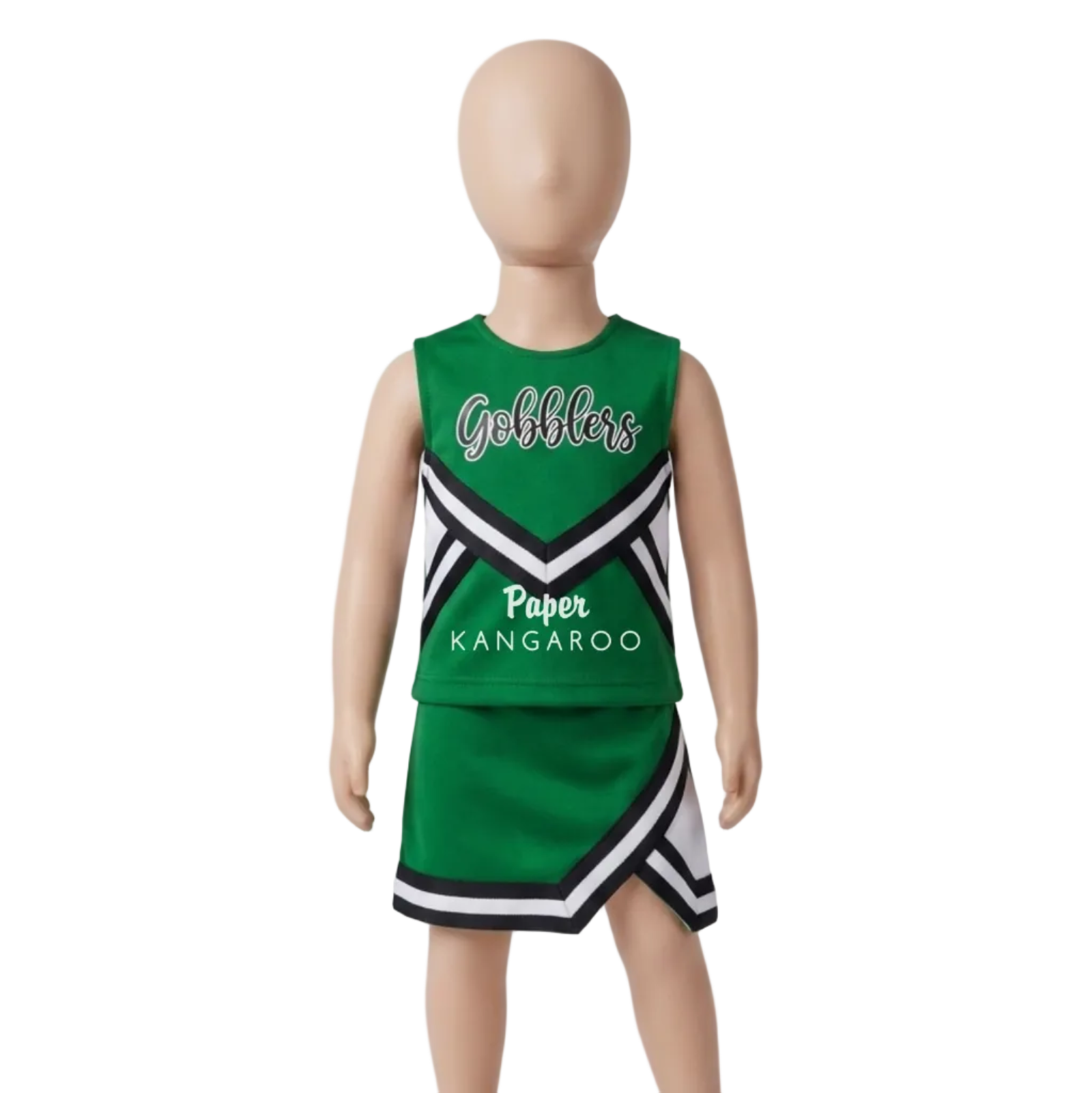 A children's green cheer outfit displayed on a headless mannequin against a light gray studio background. The sleeveless top and matching skirt are primarily green with black and white striped accents, and the top features white script text reading 'Gobblers' and 'Paper Kangaroo'.