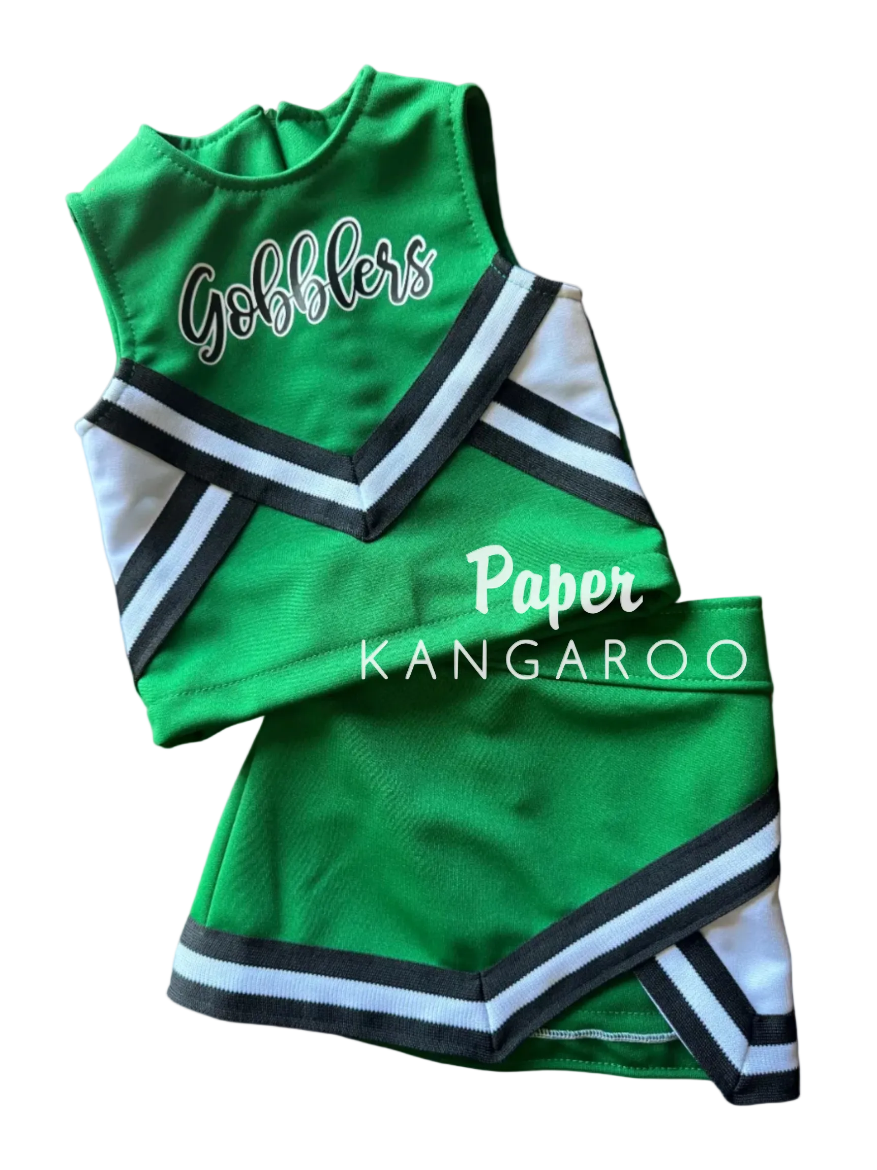 A green cheerleader-style outfit set with white and black striped trim, featuring the words 'Gobblers' and 'Paper KANGAROO' printed on it, shown on a plain white background.