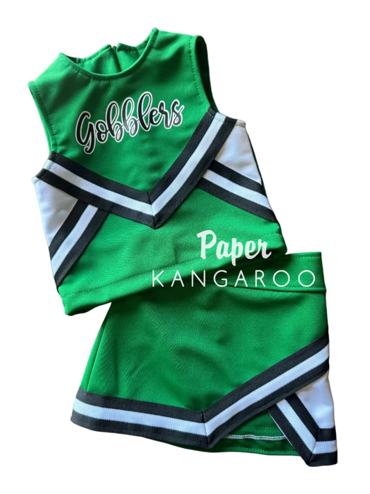A green cheerleader-style outfit set with white and black striped trim, featuring the words 'Gobblers' and 'Paper KANGAROO' printed on it, shown on a plain white background.
