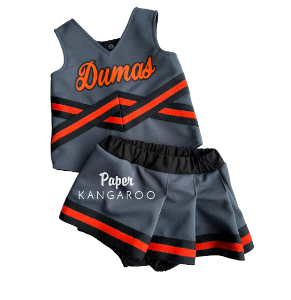 Gray and orange cheerleading outfit with 'Dumas' text on a white background