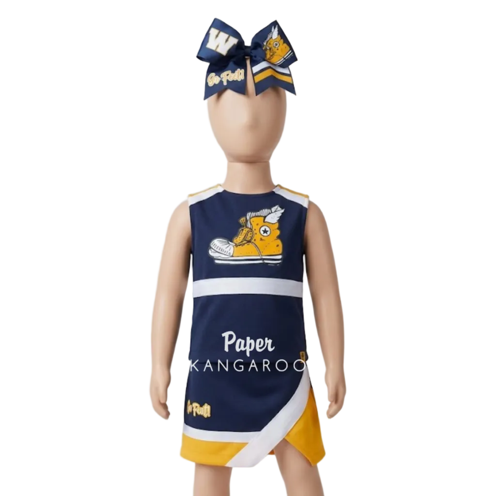 A toddler cheerleader uniform displayed on a mannequin, with a matching navy and yellow hair bow. The dress is navy blue with white and yellow athletic stripes, a kangaroo graphic, and 'Paper Kangaroo' text.