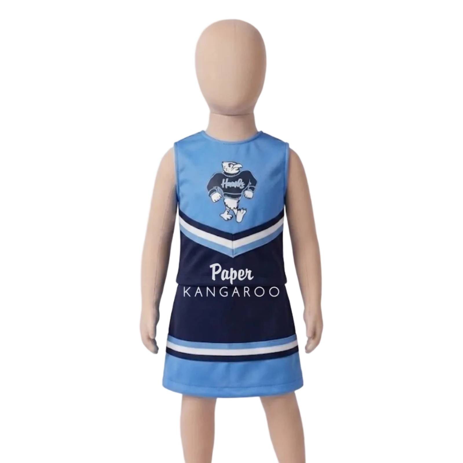 A children's sleeveless cheer uniform displayed on a mannequin, featuring a light blue top section with a kangaroo mascot graphic and the words 'Paper KANGAROO' in white, and a dark navy lower section with white stripes.