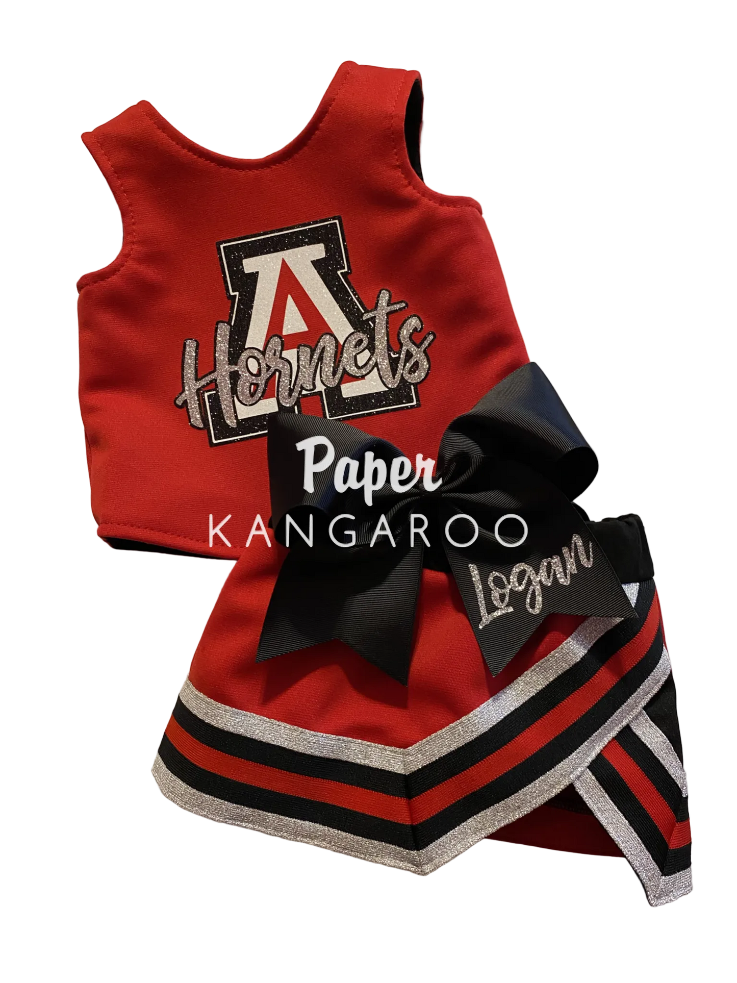 A red cheerleader outfit set for a kangaroo, featuring a sleeveless top with a large 'A' Hornets graphic and a matching skirt with black, red, and silver stripes, complete with a large black bow. A watermark overlay reads 'Paper Kangaroo' and 'Logan'.