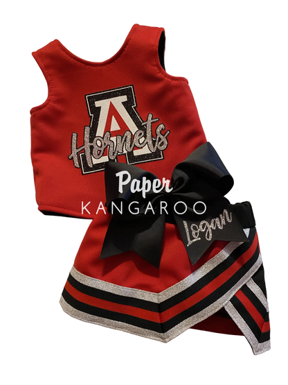A red cheerleader outfit set for a kangaroo, featuring a sleeveless top with a large 'A' Hornets graphic and a matching skirt with black, red, and silver stripes, complete with a large black bow. A watermark overlay reads 'Paper Kangaroo' and 'Logan'.
