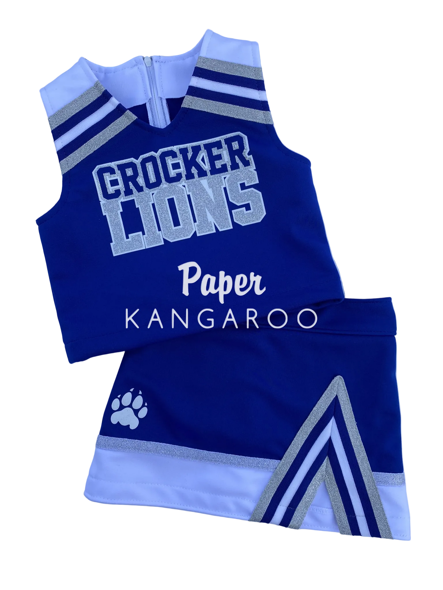 A custom cheerleader outfit set consisting of a sleeveless top and matching shorts in royal blue, white, and silver. The top features 'CROCKER LIONS' printed on the front, and the shorts display a white paw print logo.