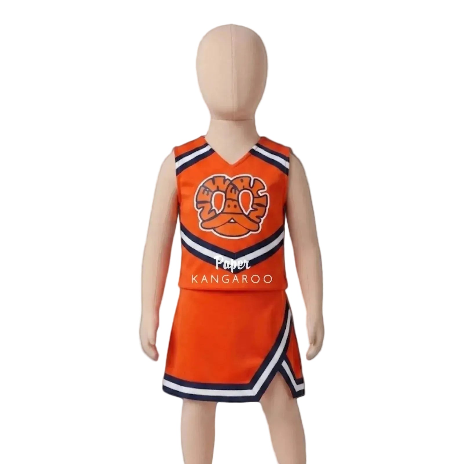 A toddler girl cheer uniform and matching shorts set displayed on a headless mannequin. The set is bright orange with navy and white striped trim, featuring a kangaroo graphic on the chest and 'KANGAROO' text on the front, paired with white sneakers.
