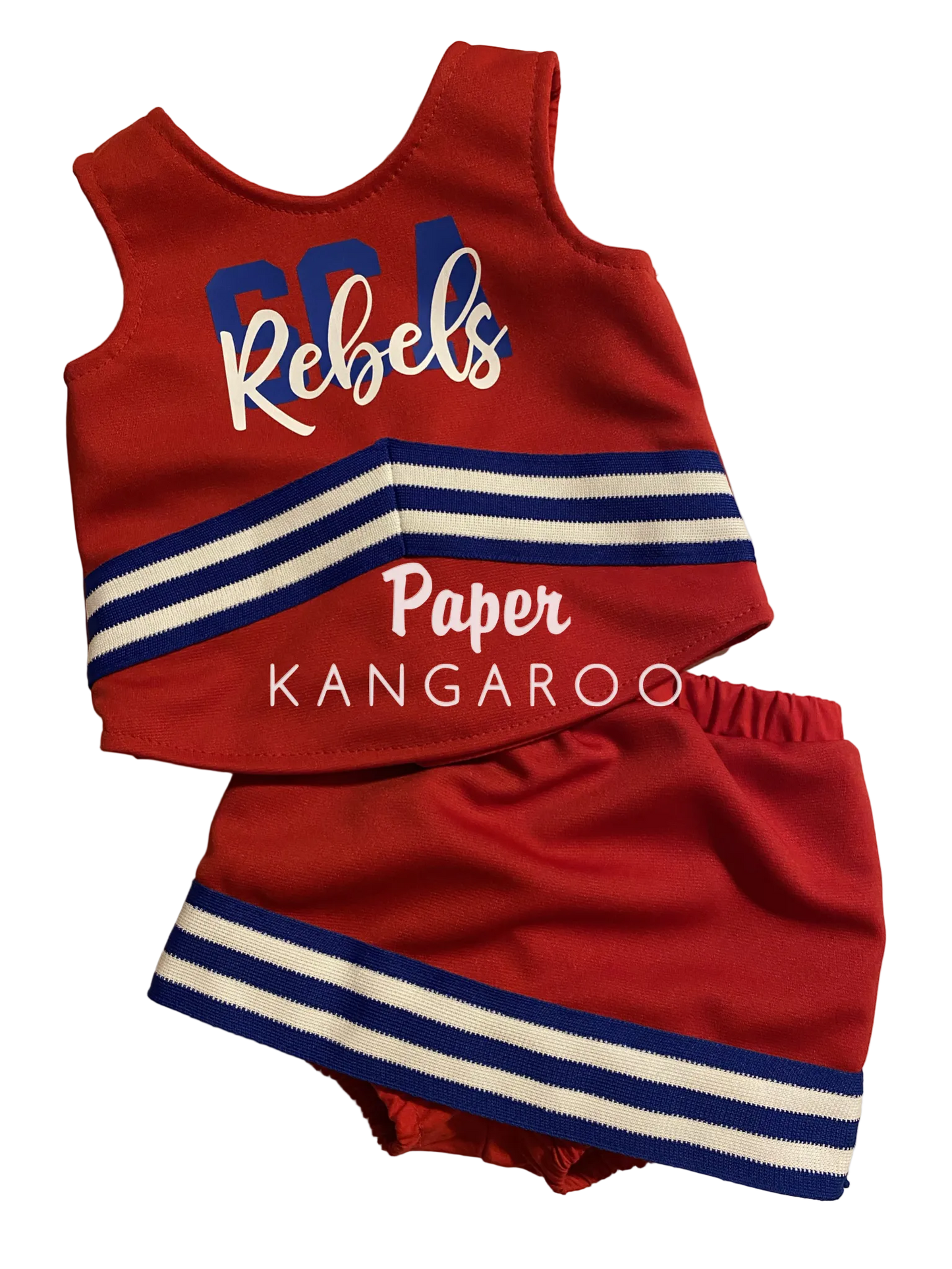 A red baby/toddler cheerleader outfit set consisting of a sleeveless top and matching shorts, featuring blue and white stripes and the words 'CFL Rebels' and 'Paper KANGAROO' printed on the front, laid flat on a light beige background.