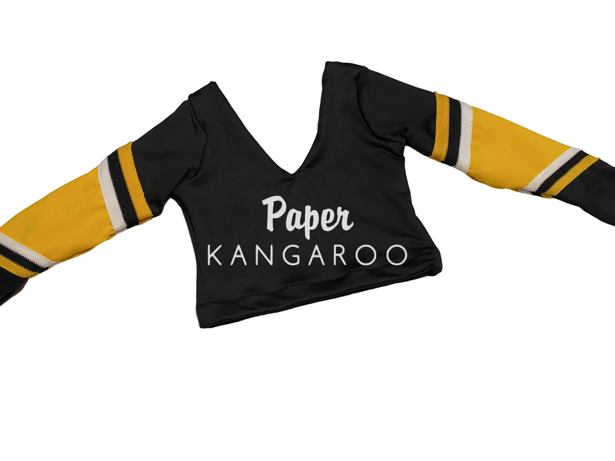black cheer sleeves with  athletic yellow accents mid and arm athletic gold black and white trim around each arm.