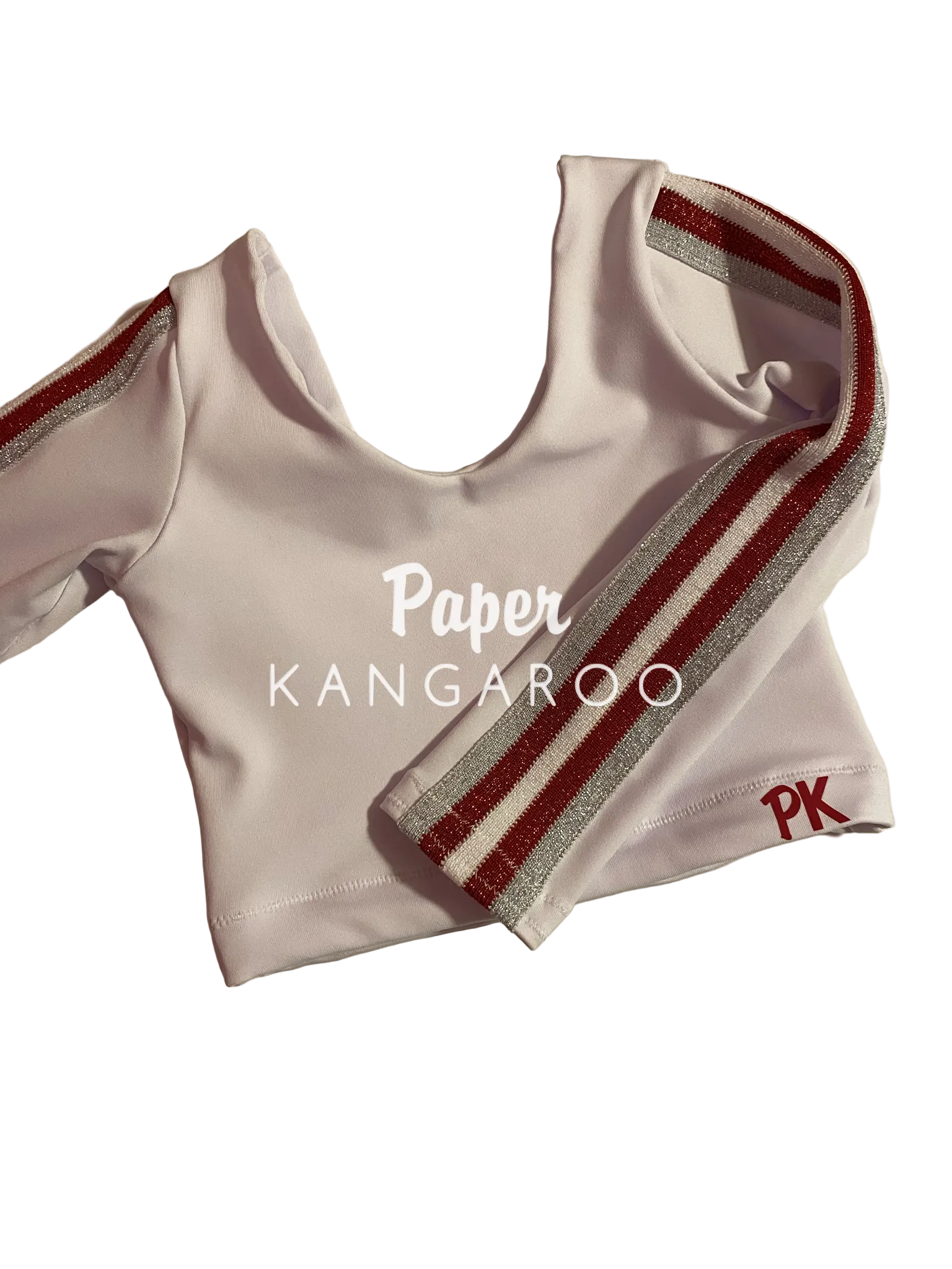 childrens white cheer sleeves with silver red and white shimmery trim along each arm