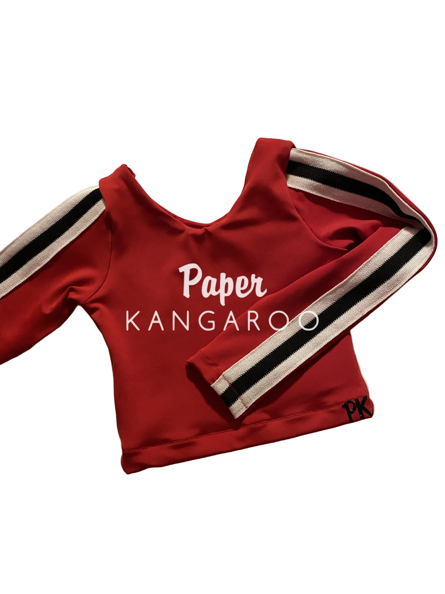 a red cropped sleeve set for under a childrens cheerleading uniform with black and white sparkly trim along each arm