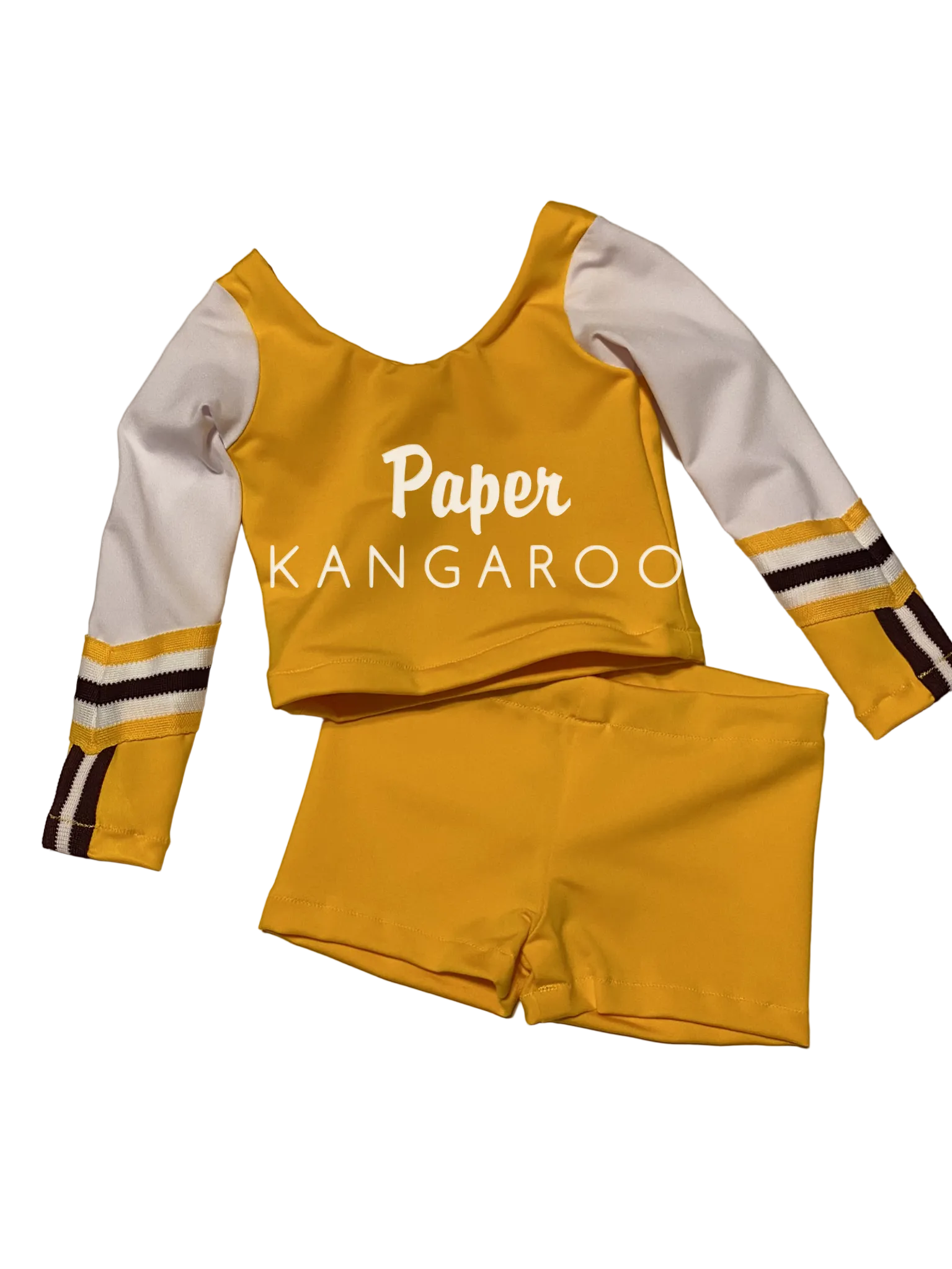 athletic gold and white cheer sleeves with matching trim around each arm and athletic gold boyshorts