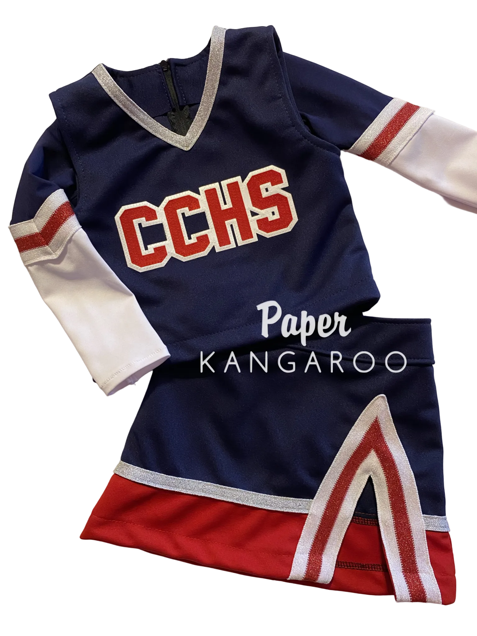 Navy blue red and white toddler cheerleading uniform set with red and white letters CCHS across the chest