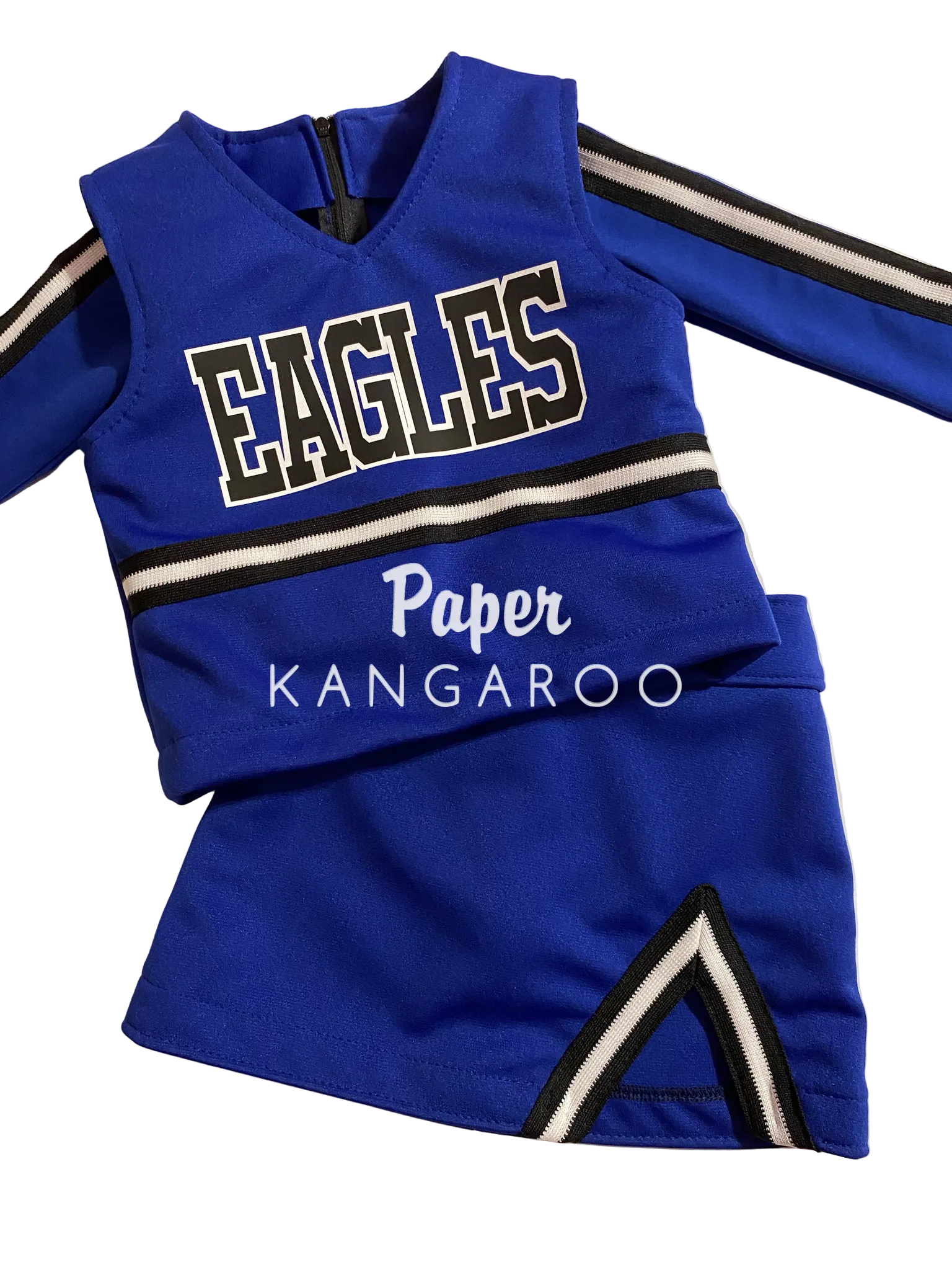 Royal Blue toddler Cheerleading Uniform with black and white trim and the word EAGLES across the chest and blue sleeves with black and white stripes