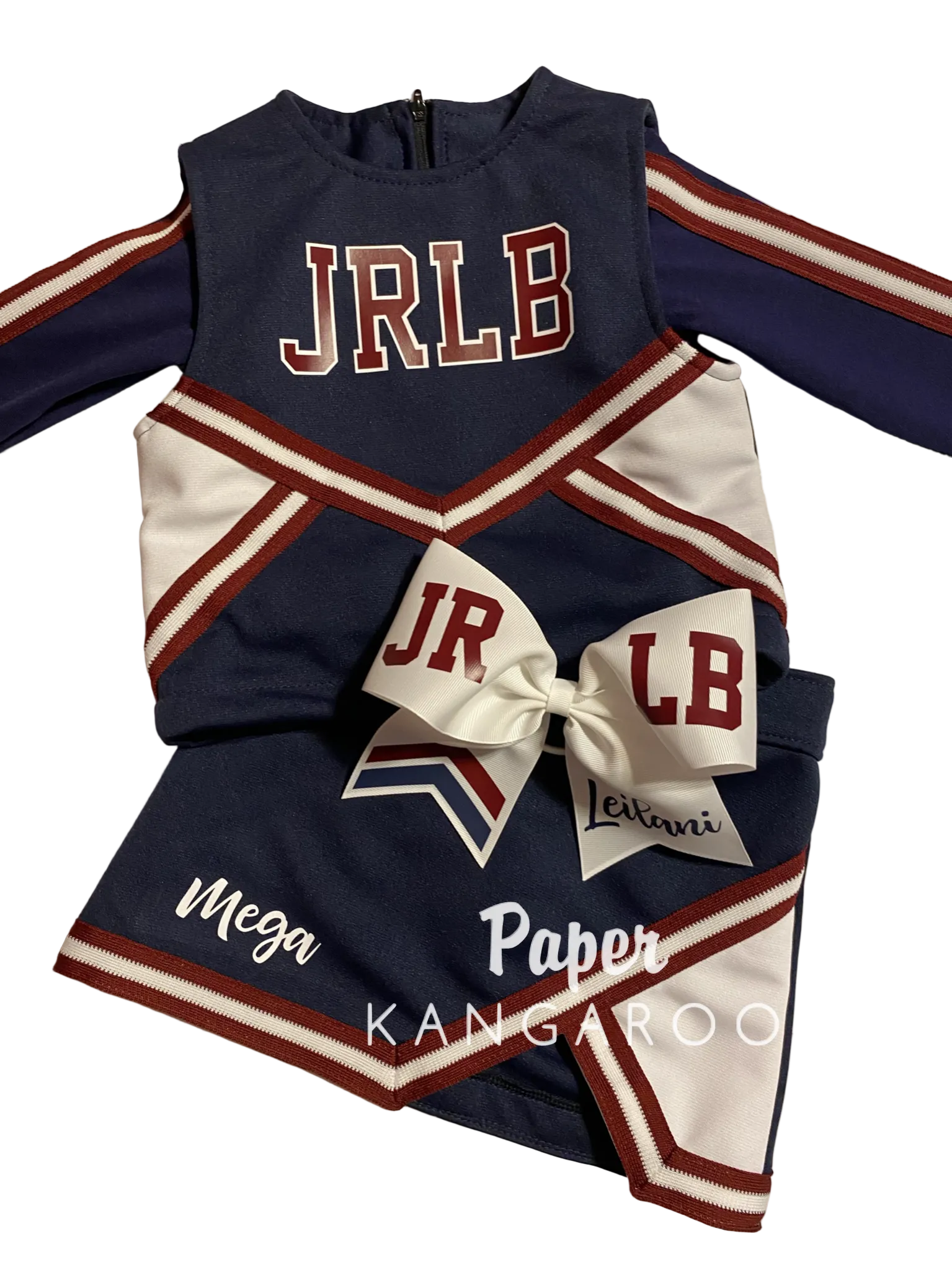 navy blue and white childrens cheerleading uniform and sleeves with JRLB in maroon and white lettering a white cheer bow with JR LB in maroon 