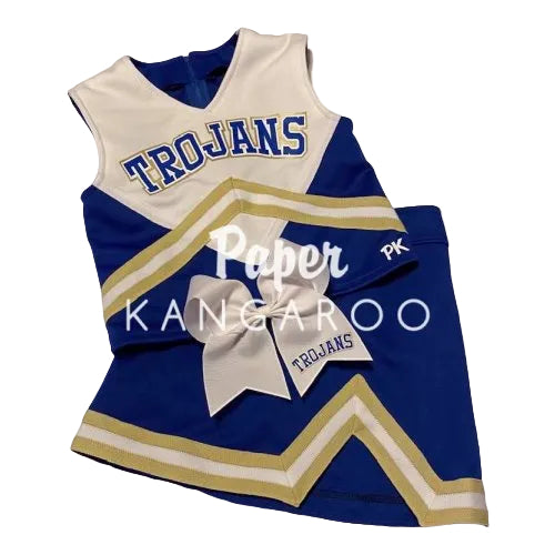 A blue and vegas cheerleader outfit set with 'TROJANS' lettering, featuring a sleeveless top, matching skirt, and a large bow with a bow tie, shown on a white background with a Paper Kangaroo watermark.