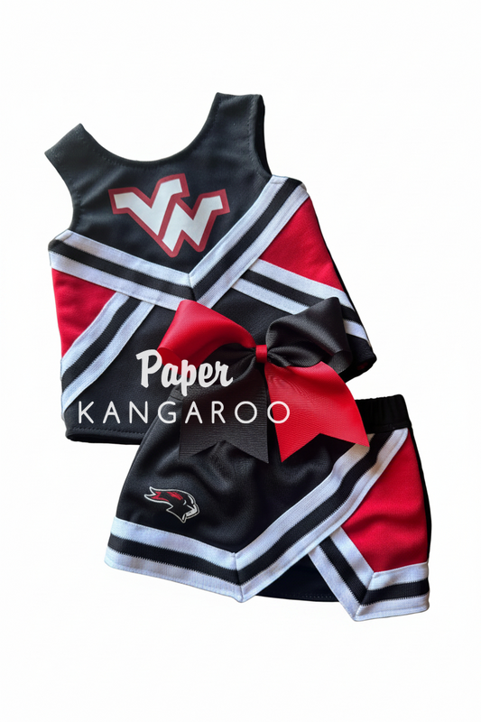 A two-piece cheerleader outfit set featuring a sleeveless top and matching shorts in black, red, and white. The top features a red and white 'VW' logo on the chest, and the shorts feature a small red and white logo.