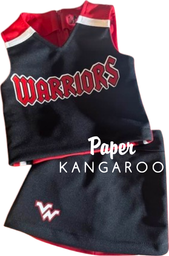 A two-piece cheerleader outfit set consisting of a sleeveless top and matching shorts. The top is black with red and white trim, featuring 'WARRIORS' printed across the chest in red and white.