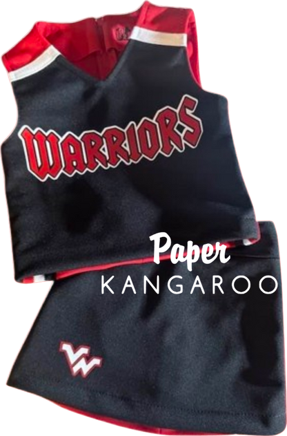 A two-piece cheerleader outfit set consisting of a sleeveless top and matching shorts. The top is black with red and white trim, featuring 'WARRIORS' printed across the chest in red and white.