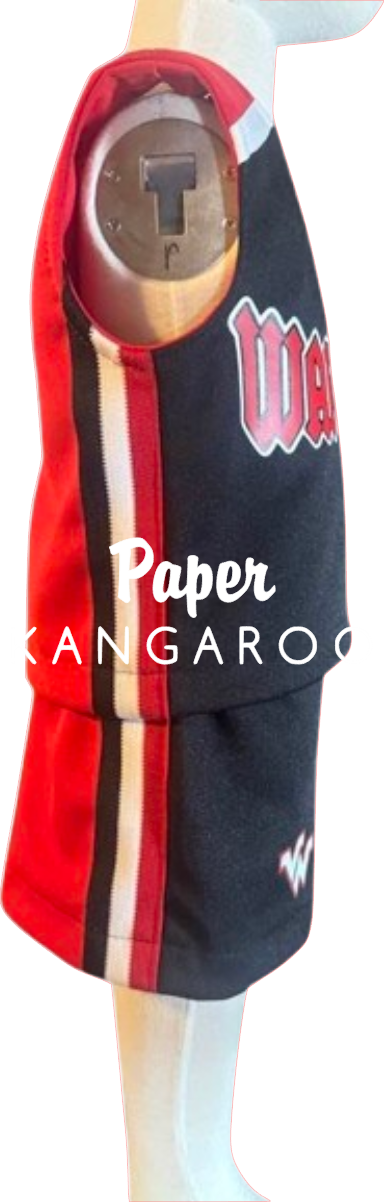 A sleeveless cheer uniform displayed on a mannequin torso. The vest is primarily black with red side panels, white and red vertical stripes, and red lettering on the chest.