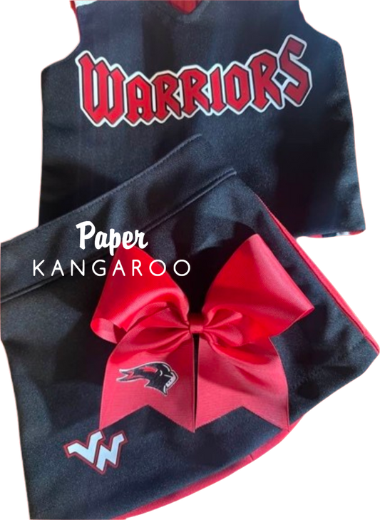 A black and red cheerleader outfit set featuring a sleeveless top with 'WARRIORS' in red and white, matching shorts with a large red bow and a bird logo, on a white background with a 'Paper Kangaroo' watermark.