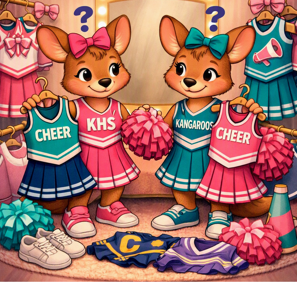 A cartoon-style scene showing two kangaroo-like characters in cheerleader outfits, each holding pink pom-poms and standing in front of a mirror. The outfits are teal and pink with white lettering, and other cheer outfits hang on racks in the background.