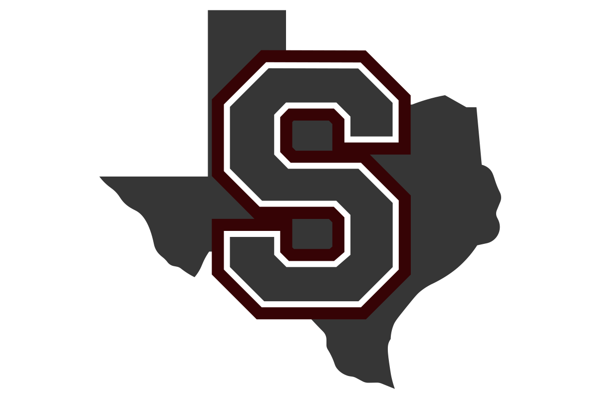 A stylized dark gray silhouette of Texas overlaid with a large block letter S outlined in white and dark red, on a plain white background.