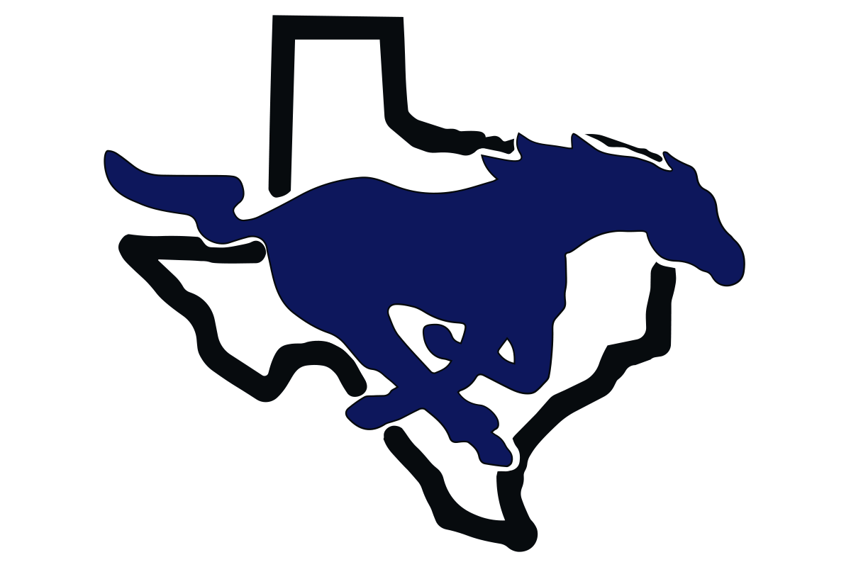 A graphic logo featuring a dark blue running horse silhouette overlaid on a black outline of the state of Texas, on a plain white background.